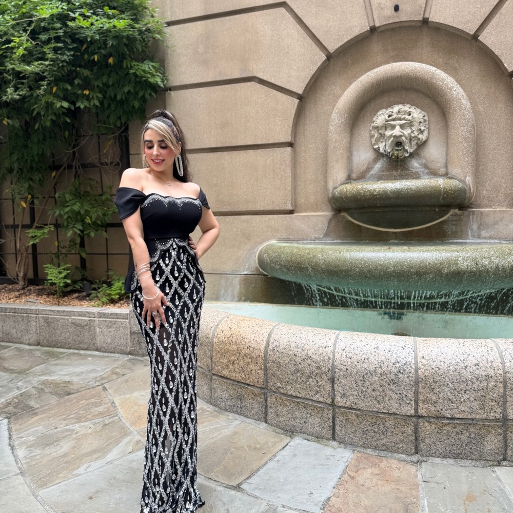 SHEIN Black and White Off-Shoulder Prom Dress